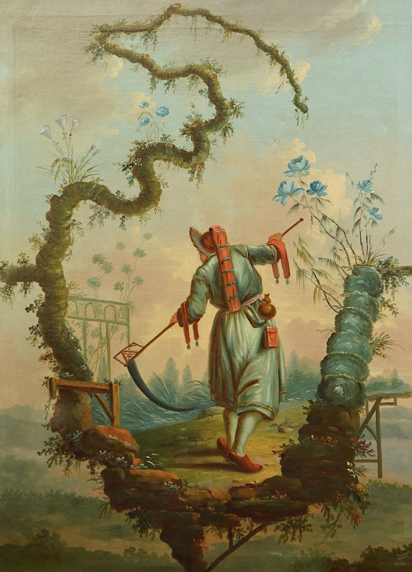 19th century English School , Chinoiserie capriccio with figure holding a scythe, oil on canvas, 97 x 71cm